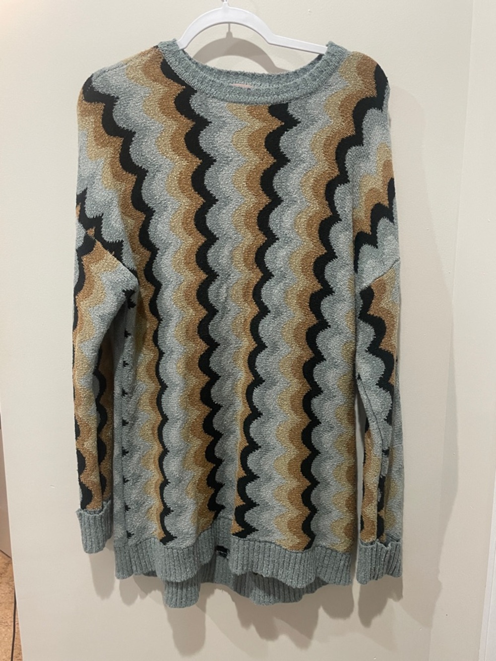 Show Me Your MuMu Wave Pattern Crewneck Sweater in Light Blue, Black, and Tan